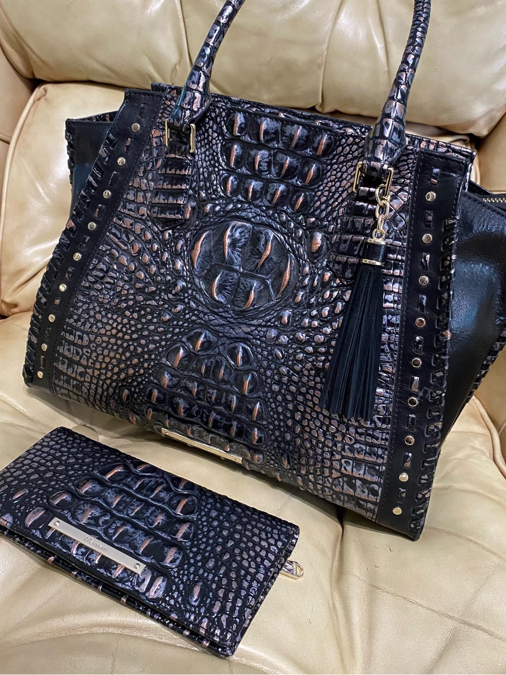 RARE Brahmin Dusk Jackson Priscilla & Ady Wallet Studded Leather Tassel Charm